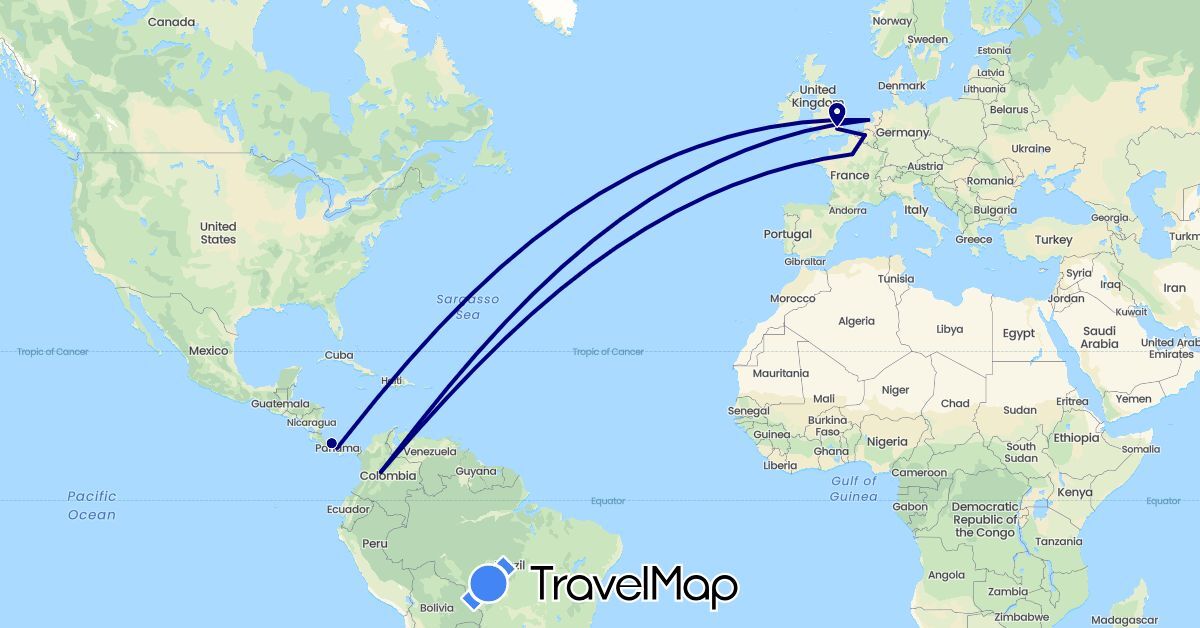TravelMap itinerary: driving in Belgium, Colombia, France, United Kingdom, Netherlands, Panama (Europe, North America, South America)
